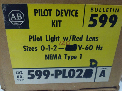 ALLEN BRADLEY 599-PL02D SER. A, PILOT LIGHT W/ RED LENS, SIZES 0-1-2, 120V- 60HZ