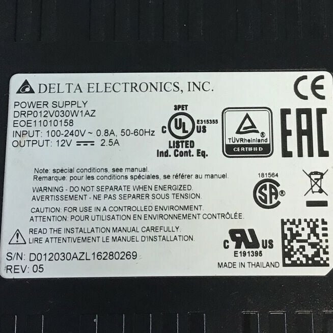 DELTA ELECTRONICS DRP012V030W1AZ POWER SUPPLY 240VAC 0.8A 50-60HZ 12VDC REV.05