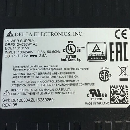 DELTA ELECTRONICS DRP012V030W1AZ POWER SUPPLY 240VAC 0.8A 50-60HZ 12VDC REV.05