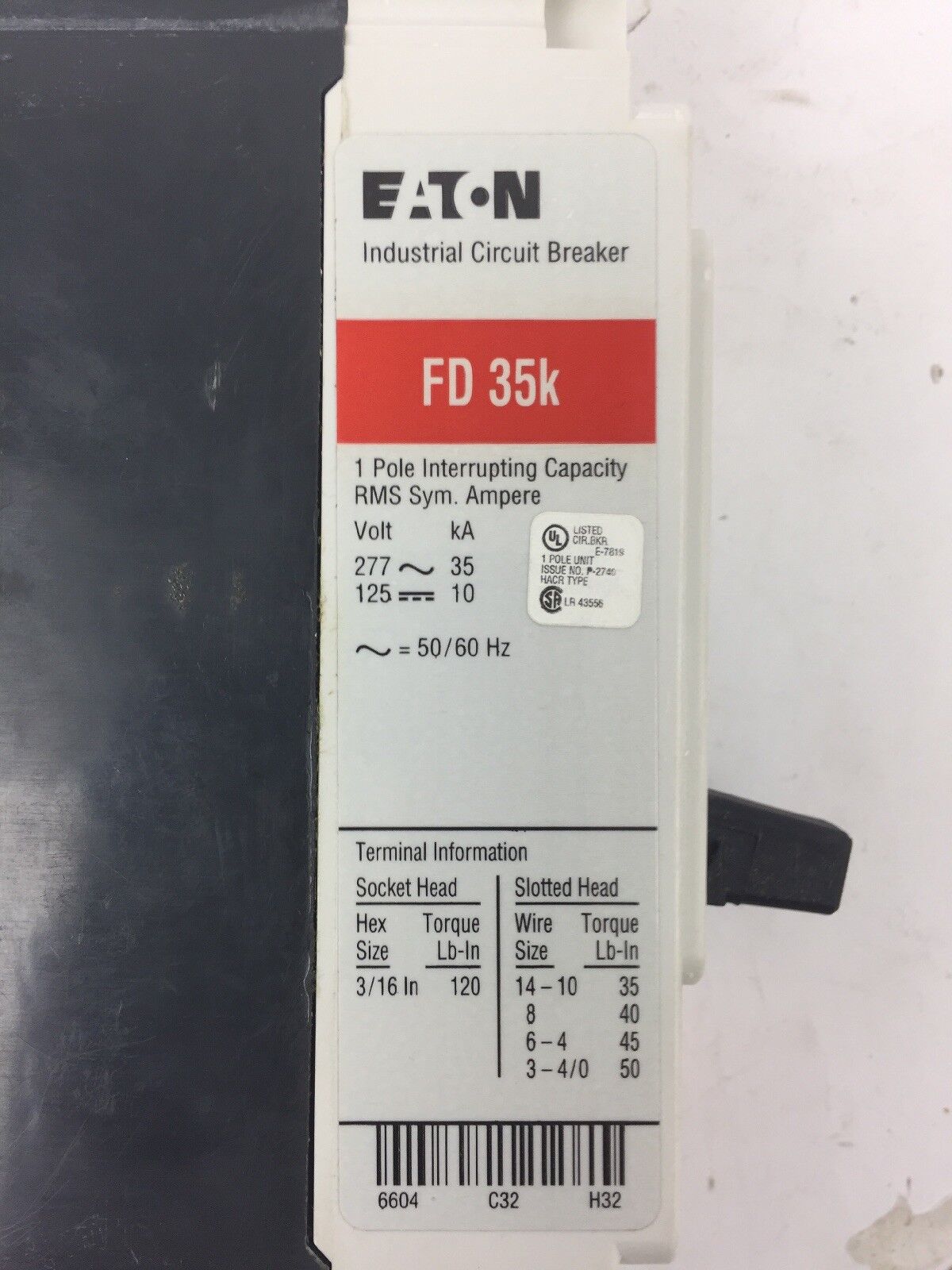 EATON FD1045 SERIES C INDUSTRIAL CIRCUIT BREAKER 45 AMP 277VAC 1 POLE
