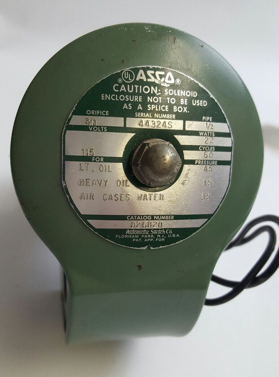 ASCO 826820 SOLENOID VALVE 115/60 1/2" NPT 22W ORIFICE 3/8 PIPE 1/2