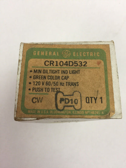 GE CR104D532 MIN OILTIGHT IND LIGHT GREEN COLOR CAP 120V 60/50HZ PUSH TO TEST