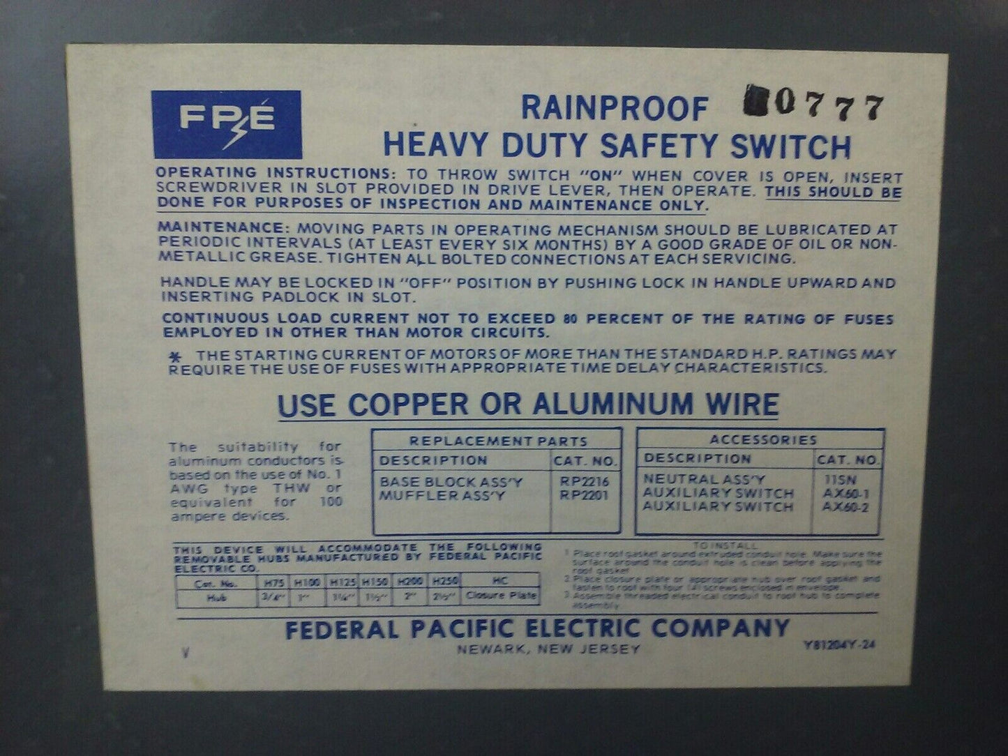 FPE RH5636R SAFETY SWITCH 3P, 60A, 600VAC, 3 WIRE, 3 BLADES, 50HP RAINPROOF