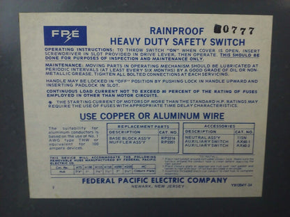 FPE RH5636R SAFETY SWITCH 3P, 60A, 600VAC, 3 WIRE, 3 BLADES, 50HP RAINPROOF