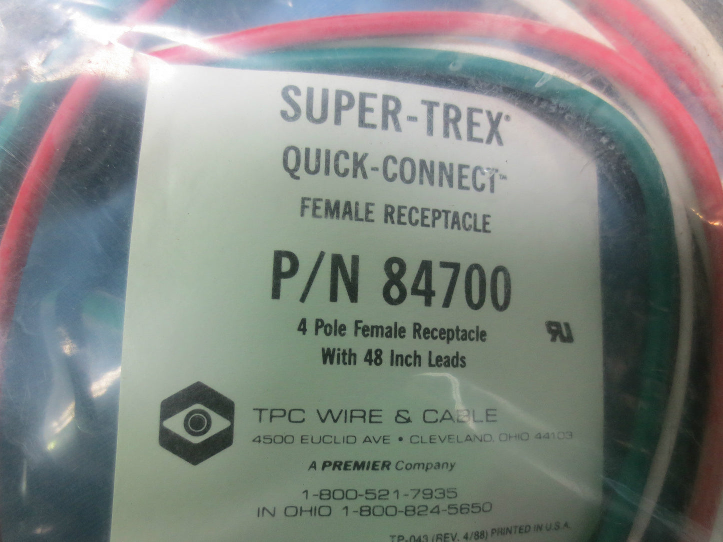 TPC WIRE & CABLE 84700 SUPER-TREX QUICK-CONNECT FEMALE RECEPTACLE CABLE 48" LEAD