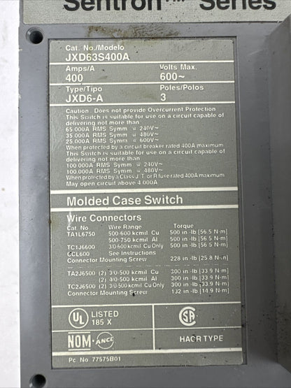 SIEMENS JXD63S400A MOLDED CASE SWITCH 600VAC 400A 3P TYPE JXD6-A SENTRON SERIES