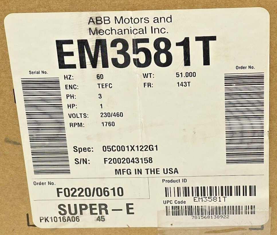 BALDOR - EM3581T - GP Motor - 1 Hp 3 Phase 230/460V 1760 RPM 143t Frame SUPER-E