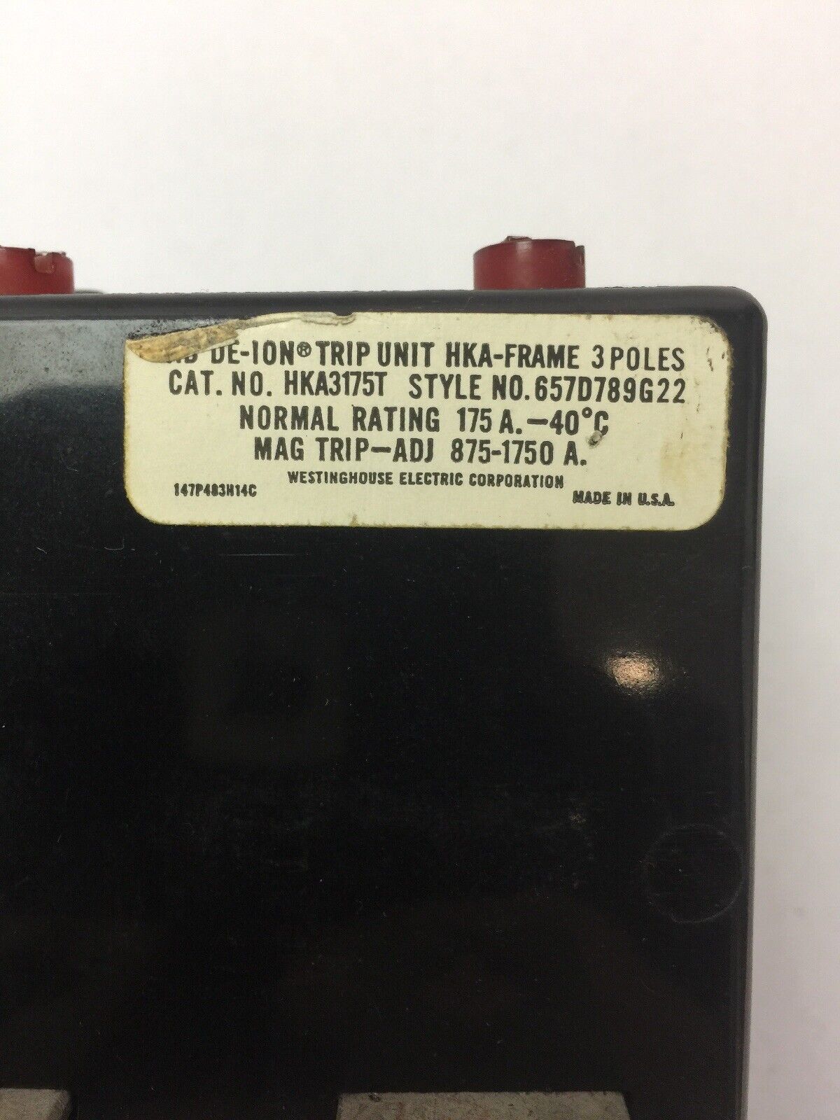 WESTINGHOUSE HKA3175T 175A TRIP UNIT 3POLE MAG TRIP-ADJ 875-1750A