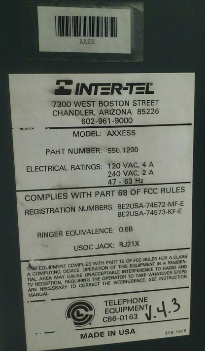 INTER-TEL 550.1200 MODEL AXXESS CARD CABINET W/ POWER SUPPLY 120/240V 4/2A