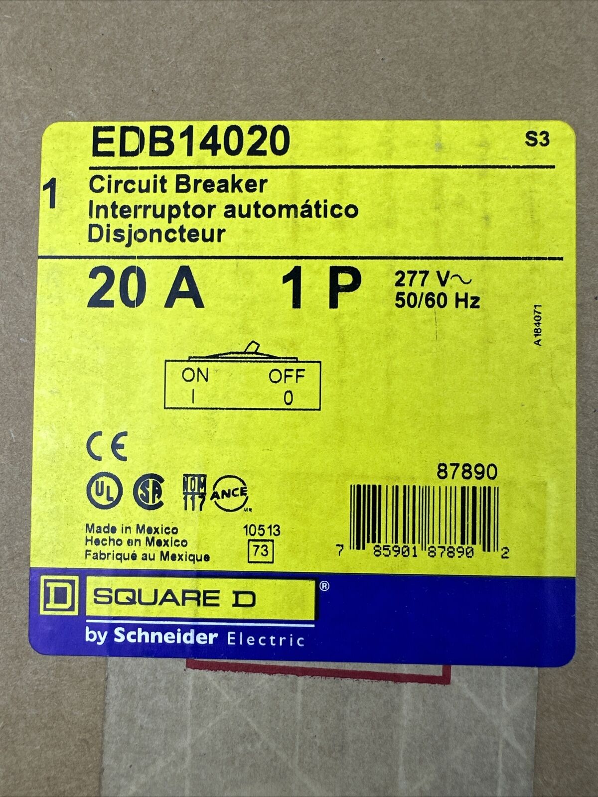 SQUARE D EDB14020 CIRCUIT BREAKER 20AMP 1POLE 277VAC 50/60HZ