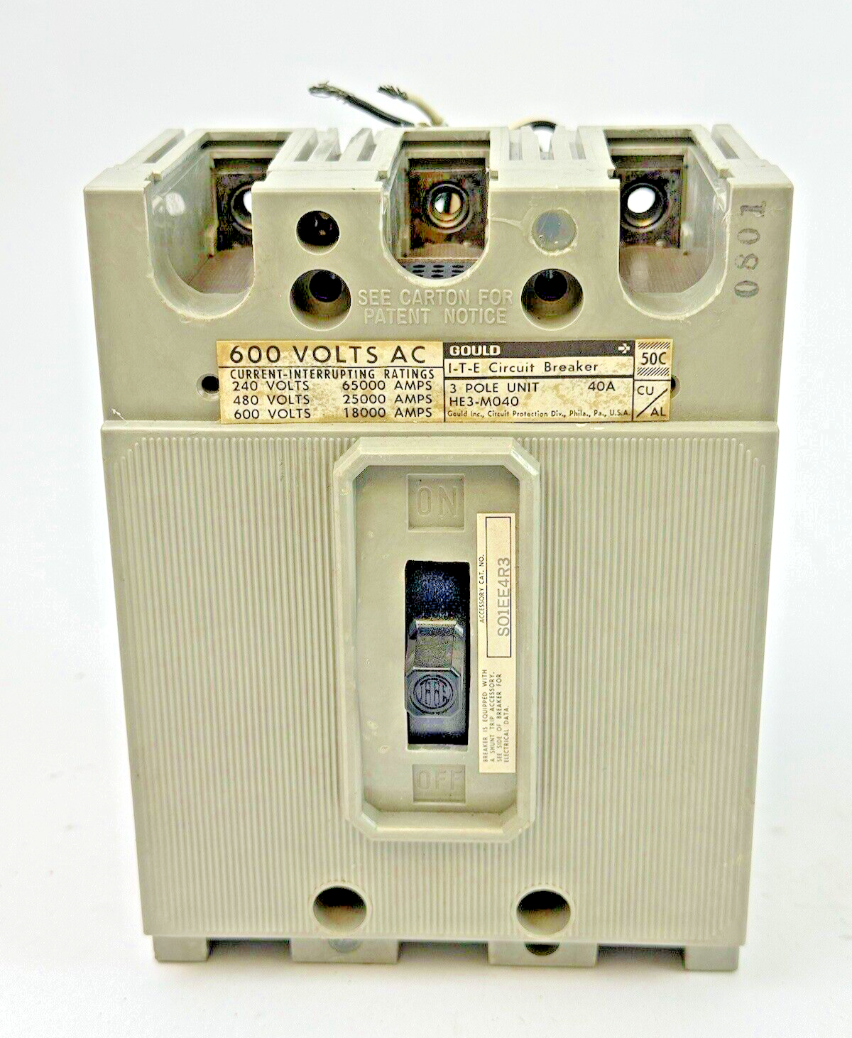 GOULD - HE3M040 - CIRCUIT BREAKER - 40A/3 POLE/600VAC & S01EE4R3 SHUNT TRIP