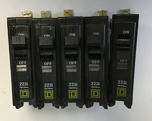 SQUARE D QOB115 22KA CIRCUIT BREAKER 15A 120/240VAC 1POLE****LOTOF5****