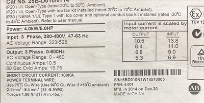 ALLEN BRADLEY 25B-D010N114 AC DRIVE FRN 4.001 SER A OUTPUT 0-460VAC