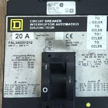 SQUARE D FAL340201212 CIRCUIT BREAKER 20A 480VAC 250VDC