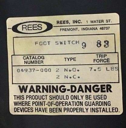 REES 04937-000 FOOT SWITCH 7.5LBS TRIP FORCE 2N.O. 2N.C. 600VAC