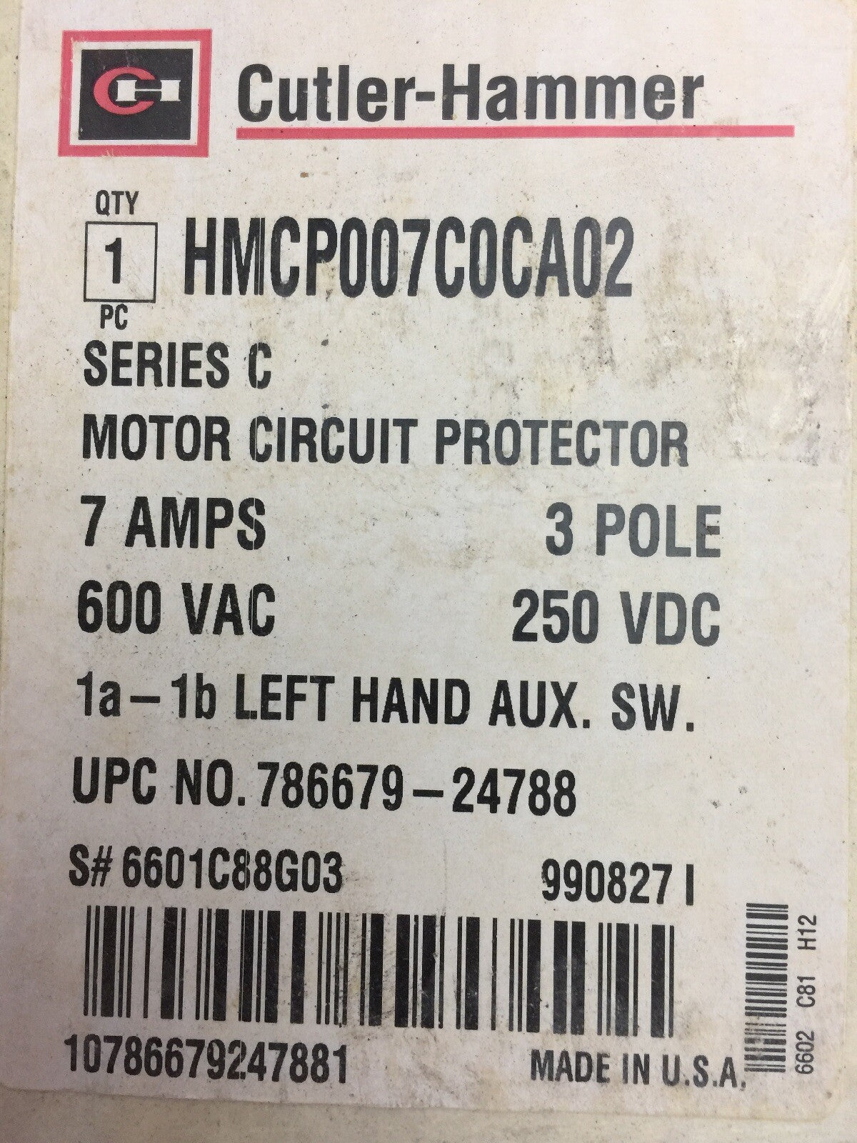 CUTLER-HAMMER HMCP007C0CA02 MOTOR CIRCUIT PROTECTOR 7AMP 600VAC 250VDC SERIES C