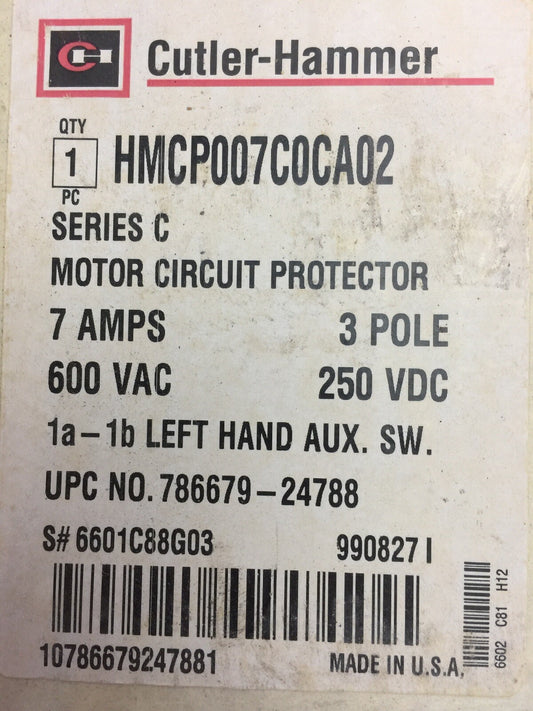 CUTLER-HAMMER HMCP007C0CA02 MOTOR CIRCUIT PROTECTOR 7AMP 600VAC 250VDC SERIES C