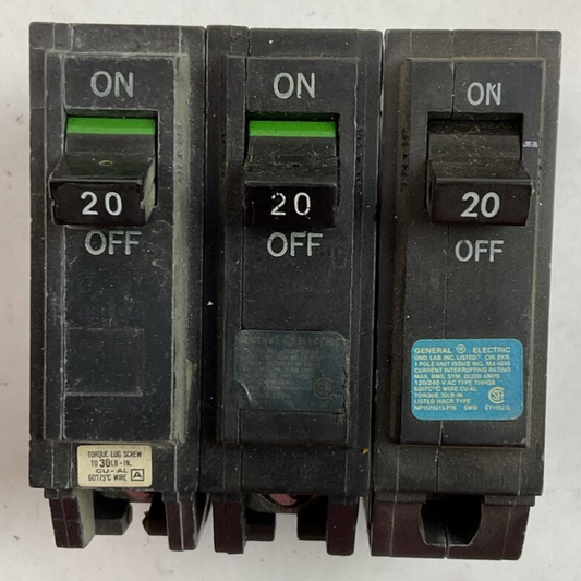 GE THHQB120 20AMP 120/240VAC 1POLE CIRCUIT BREAKER (LOT OF 3)