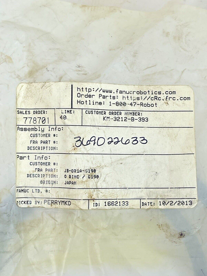 FANUC - JB-OR1A-G190 - O-RING REPLACEMENT FOR ROBOT 8" DIAMETER, BLK O RING G190