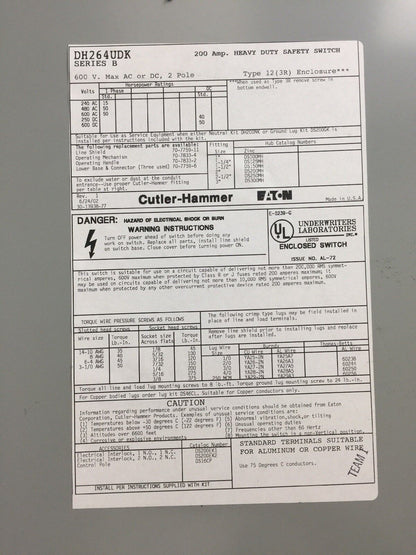 CUTLER HAMMER DH264UDK HEAVY DUTY SAFETY SWITCH 200A 600V 2 POLE NON FUSIBLE