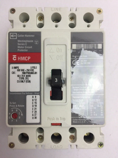 CUTLER HAMMER HMCP003A0CJ01 MOTOR CIRCUIT PROTECTOR 600VAC 250VDC 3AMP SERIES C