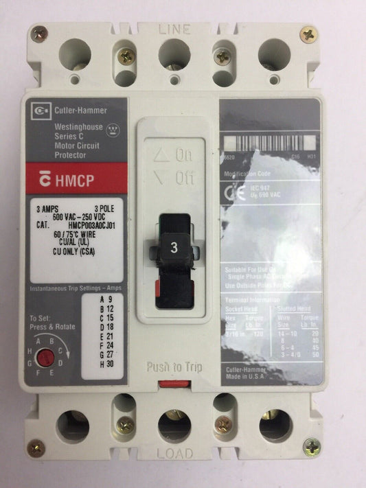 CUTLER HAMMER HMCP003A0CJ01 MOTOR CIRCUIT PROTECTOR 600VAC 250VDC 3AMP SERIES C