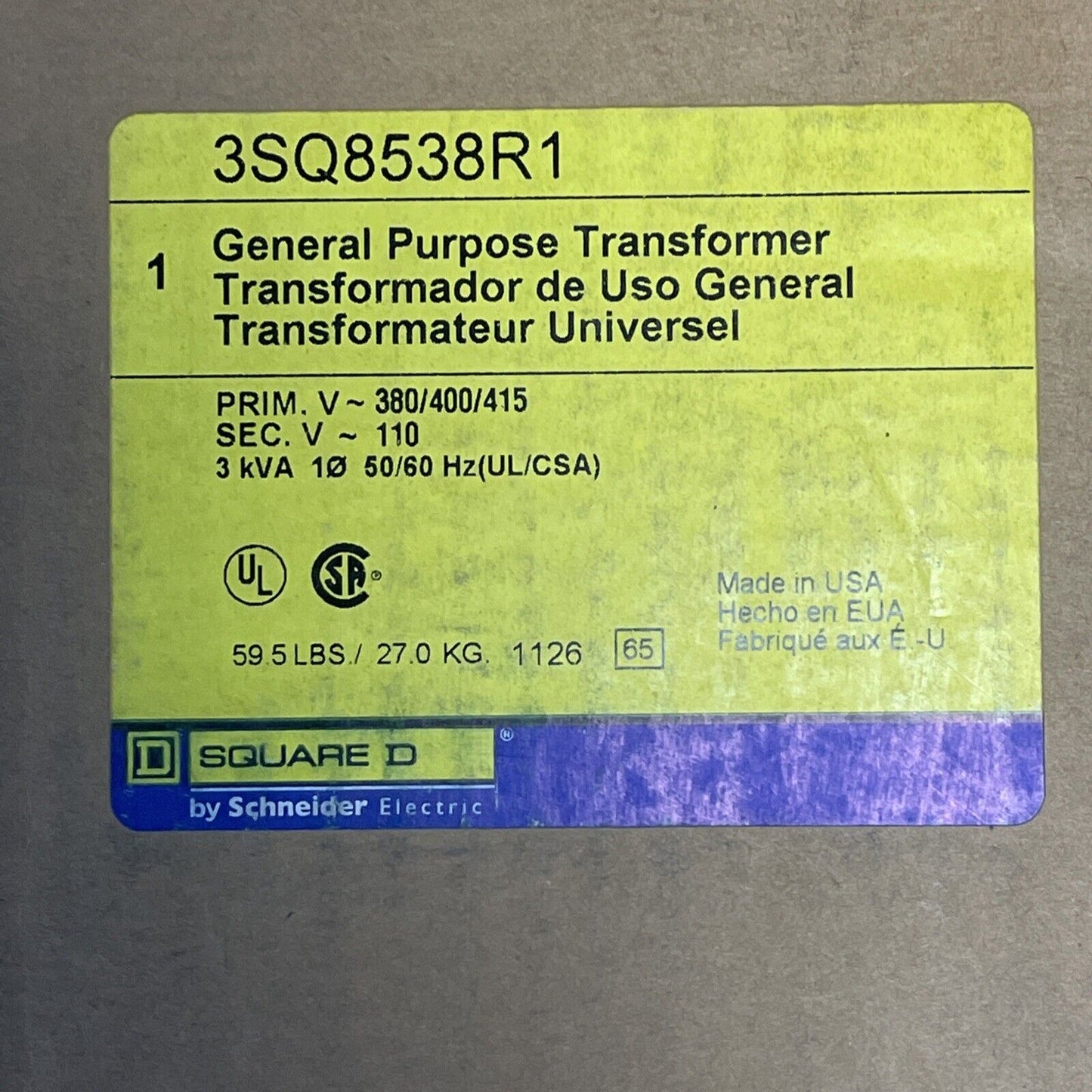 SQUARE D 3SQ8538R1 TRANSFORMER PRIM. 380/400/415VAC SEC. 110VAC 3kVA GENERAL