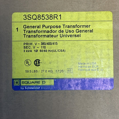 SQUARE D 3SQ8538R1 TRANSFORMER PRIM. 380/400/415VAC SEC. 110VAC 3kVA GENERAL