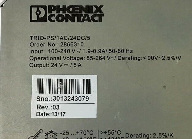 PHOENIX CONTACT TRIO-PS/1AC/24DC/5 POWER SUPPLY 100-240VAC 1.9-0.9A 50/60HZ