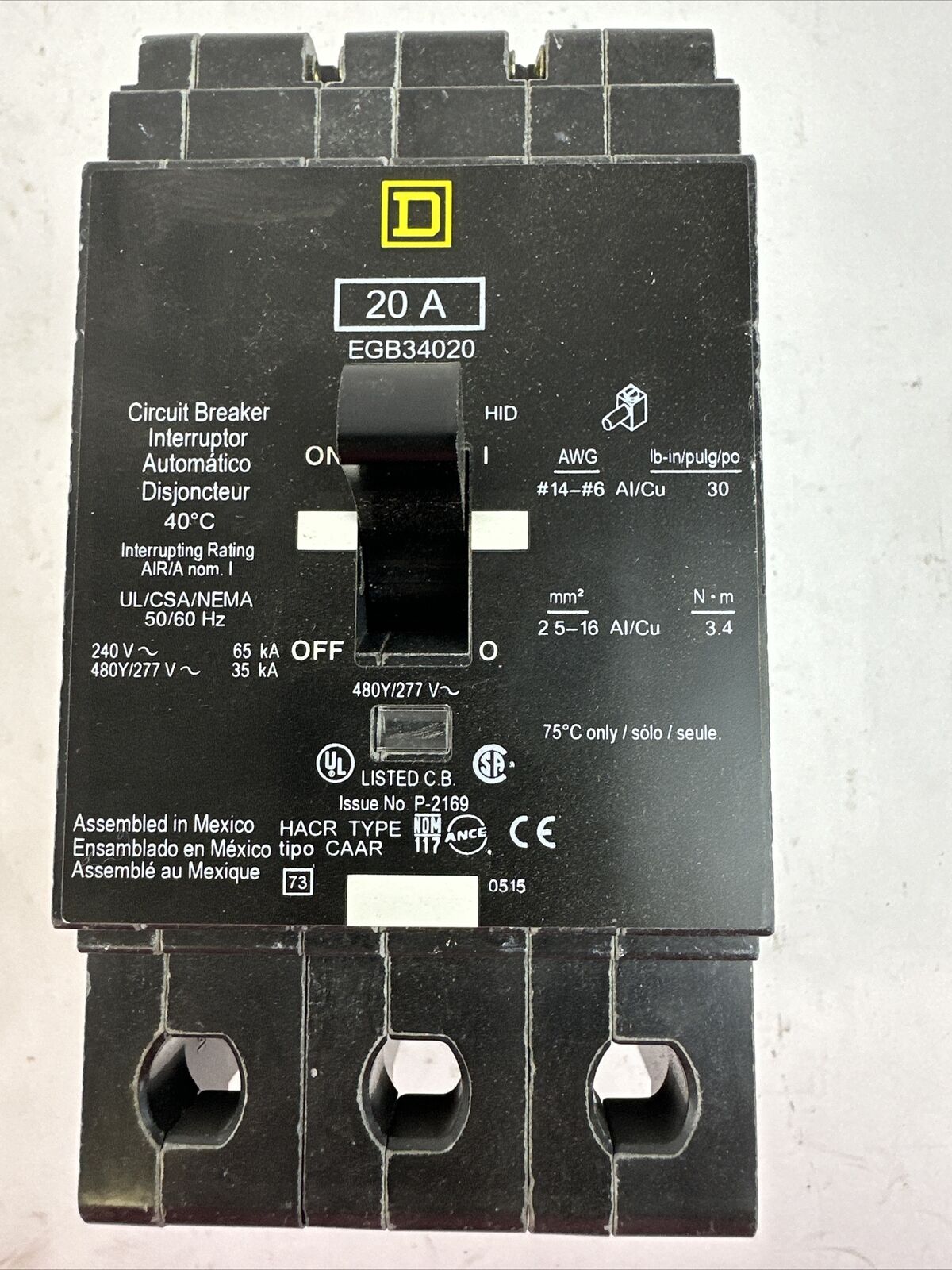 SQUARE D EGB34020 CIRCUIT BREAKER 20A 240VAC 480Y/277VAC 3POLE