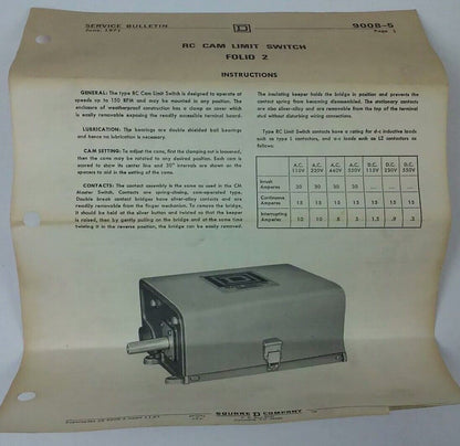 SQUARE D ROTATING CAM LIMIT SWITCH CLASS 9008, TYPE RC-114AW, SER. FOL-2, 600V