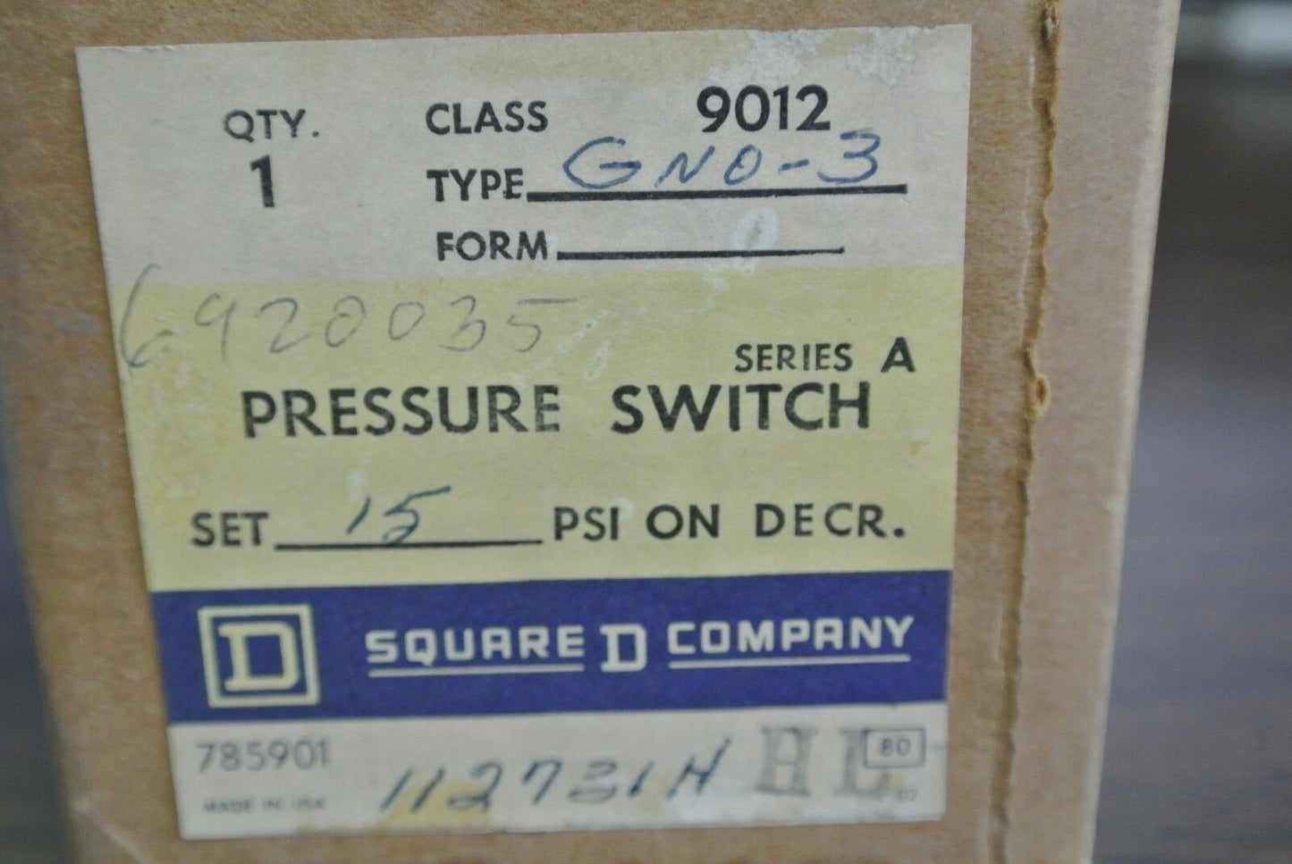 SQUARE D 9012 GNO-3 Ser. A PRESSURE SWITCH - 15 PSI on DECREASING - NEW SURPLUS
