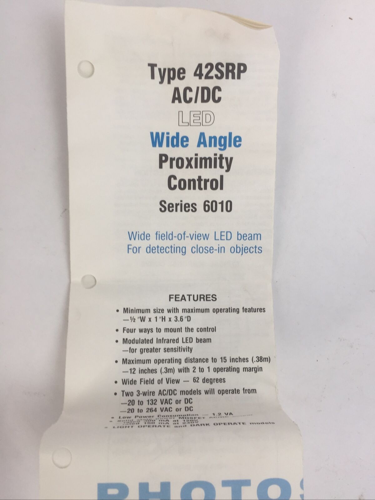 PHOTOSWITCH 42SRP-6015 WIDE ANGLE PROXIMITY CONTROL OUTPUT 300MA 132V INPUT