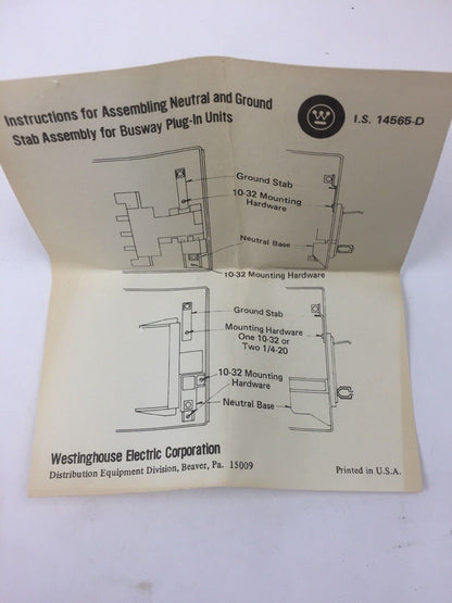 WESTINGHOUSE BUS DUCT GRD STAB CU & ALUM CABLE 1/0-4/0 FOR POW R WAY PLUG IN BUS
