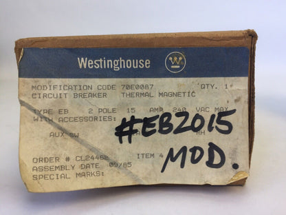 WESTINGHOUSE EB2015 CIRCUIT BREAKER 15AMP 2POLE 240VAC 125/250VDC 4990D03G18