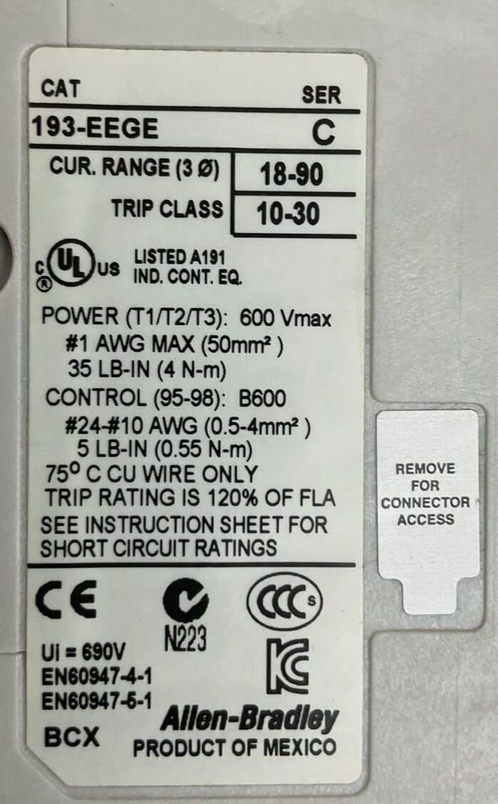 ALLEN BRADLEY STARTER (300-DOD*930 CONTACTOR COIL 24VDC 193EEGE OVERLOAD RELAY)