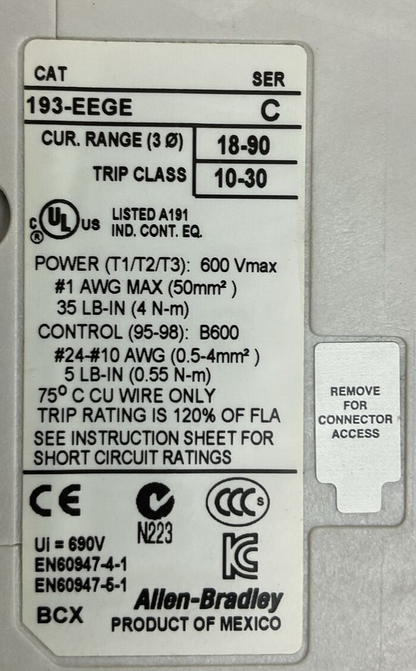 ALLEN BRADLEY STARTER (300-DOD*930 CONTACTOR COIL 24VDC 193EEGE OVERLOAD RELAY)