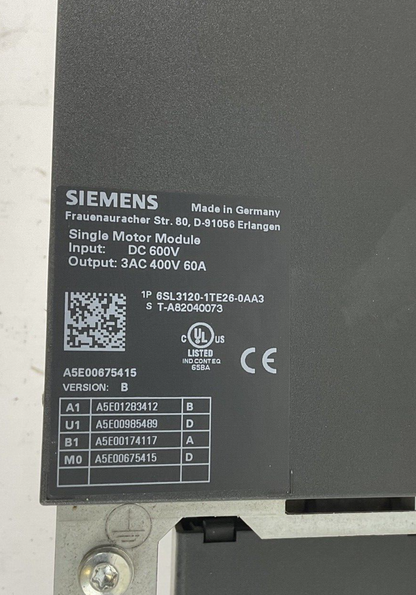 SIEMENS 6SL3120-1TE26-0AA3 SINGLE MOTOR MODULE 600VDC 60A VER.B