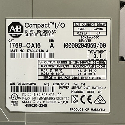 ALLEN BRADLEY 1769-OA16 SER A F/W REV 3.1 DIR/VER 10000204959/00 16PT 85-265VAC