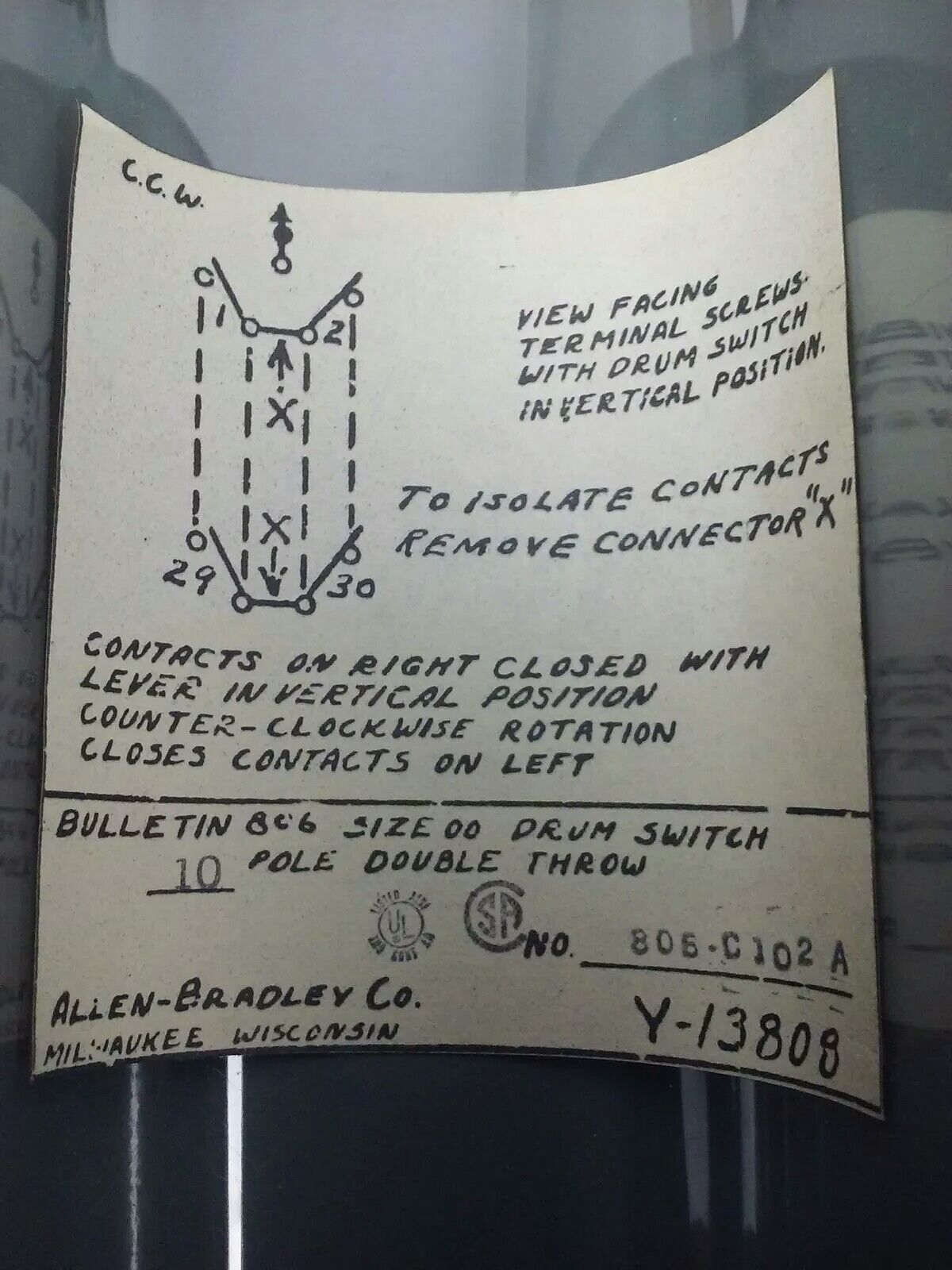 ALLEN BRADLEY 806-C102 SER. A, ROTARY PILOT SWITCH, 10A @ 600VAC,1A @ 115VDC,10P