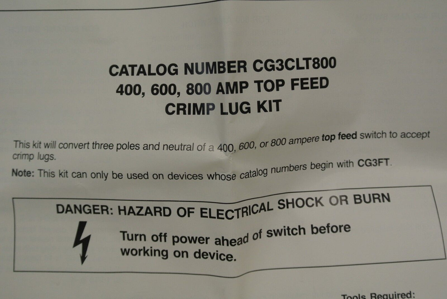 CUTLER-HAMMER CG3CLT800 / TOP FEED CRIMP LUG PAD KIT /  NEW SURPLUS