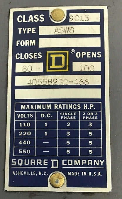 SQUARE D CLASS 9013 PRESSURE CLOSE 80LBS-OPEN 100LBS.