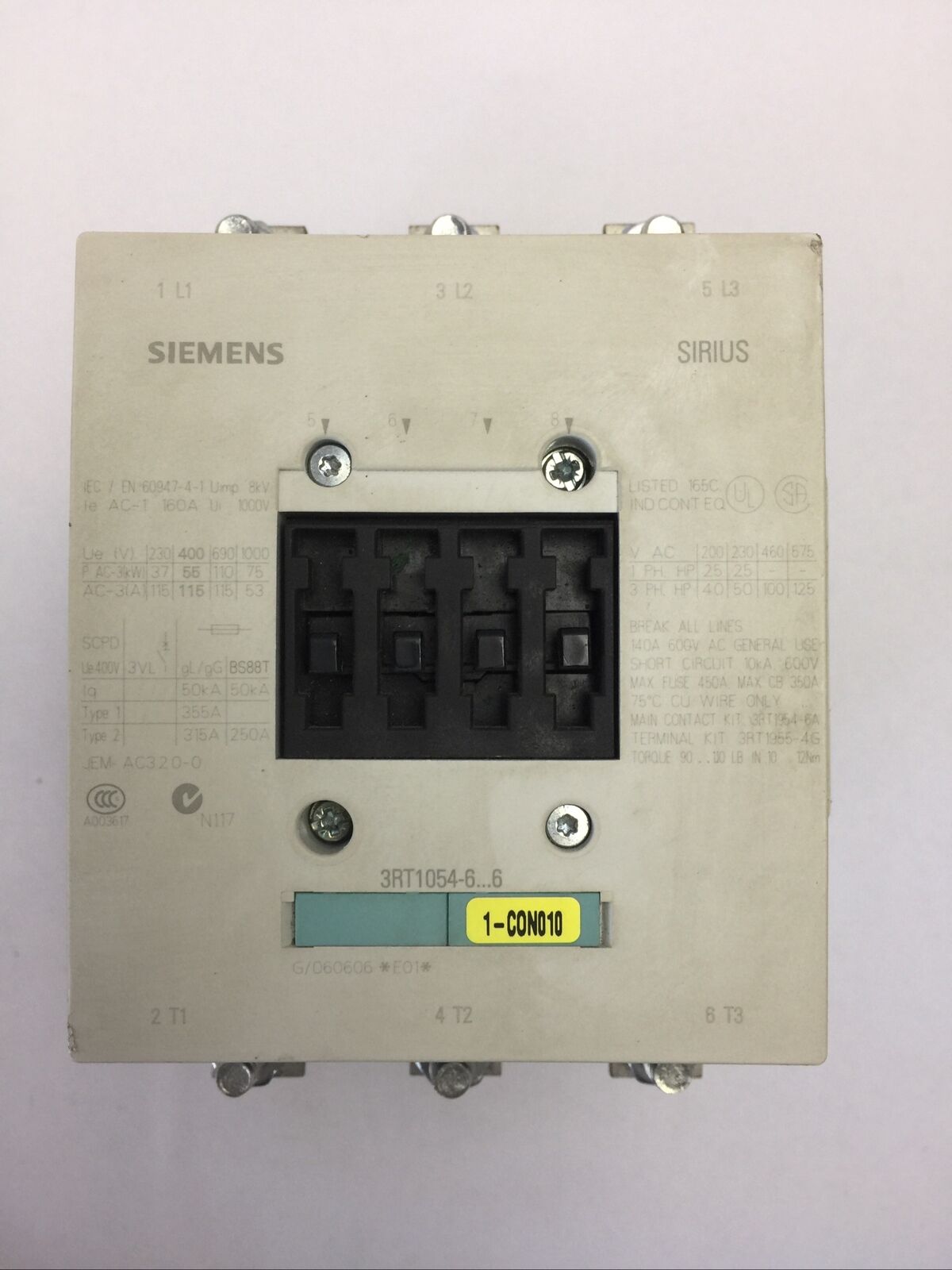 SIEMENS 3RT1054-6AF36 CONTACTOR 140A 600VAC 3PH 125HP COIL 110-127VDC 50/60HZ