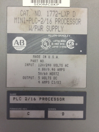 ALLEN BRADLEY 1772-LXP  SER D FIRMWARE REV C OUTPUT 5VDC 4A INPUT 120/240VAC