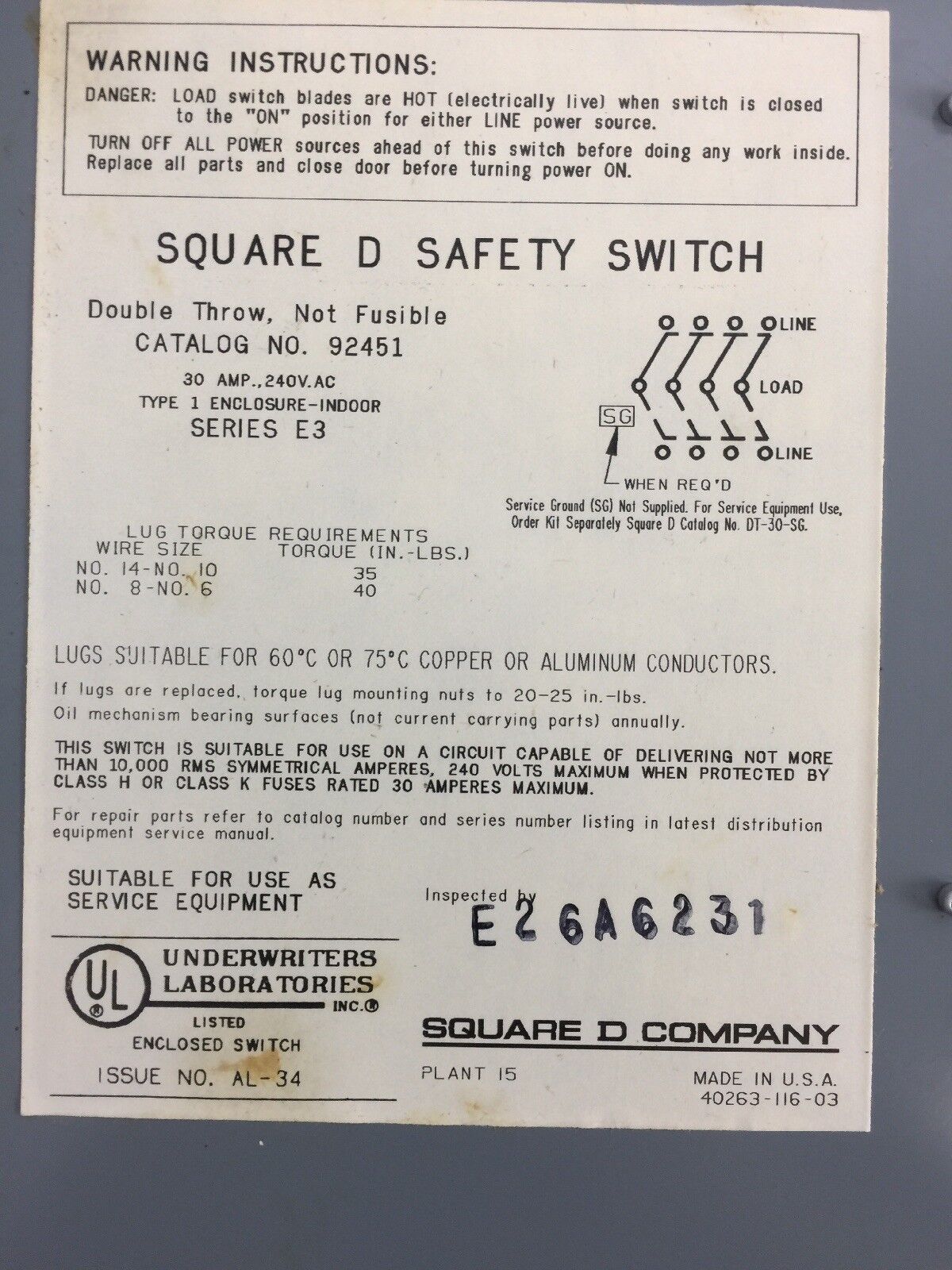 SQUARE D 92451 DOUBLE THROW NOT FUSIBLE SAFETY SWITCH 30 AMPS 240 VOLTS