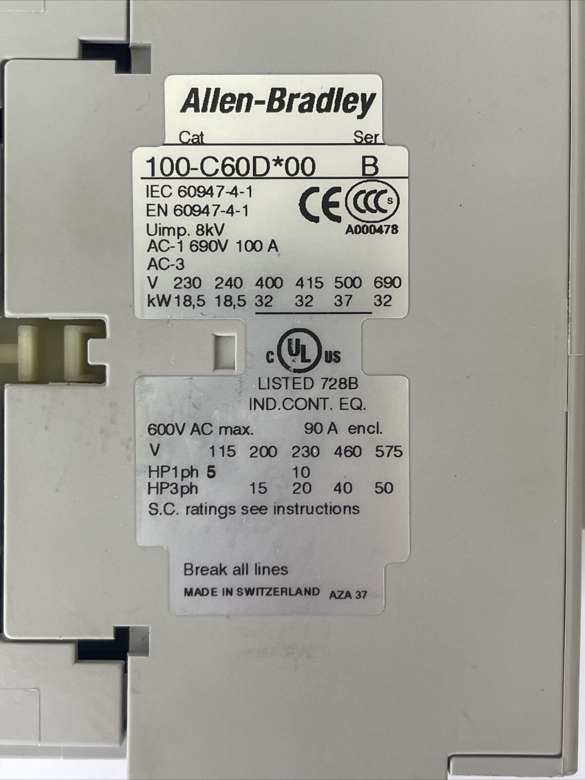 ALLEN BRADLEY 100-C60D*00 SER B CONTACTOR 600VAC 90A 50HP COIL 24VDC 100-F SER B