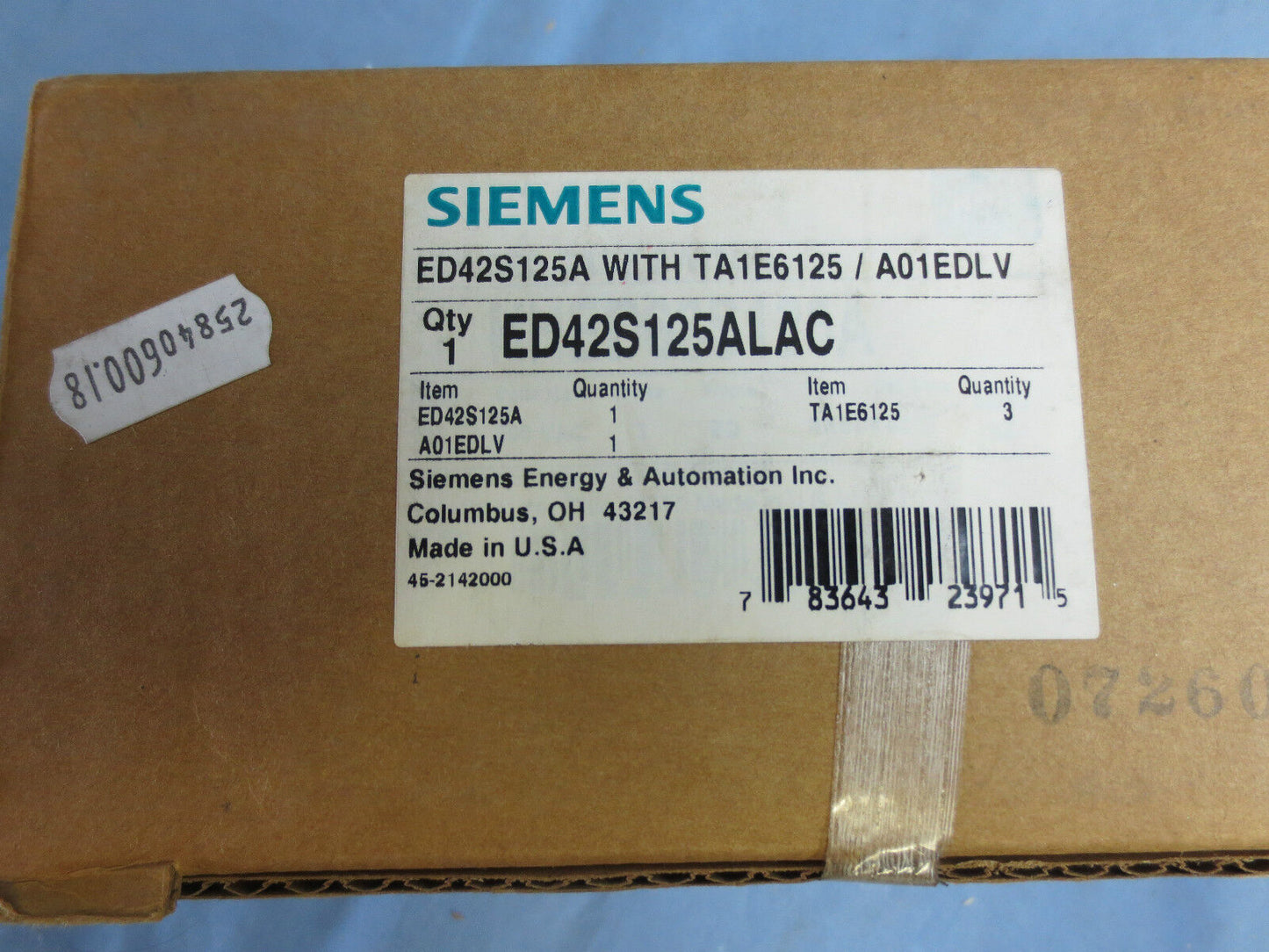 SIEMENS ED42S125ALAC CIRC BREAKER 2P 125A 480V NEW SURPLUS w/ A01EDLV & TA1E6125