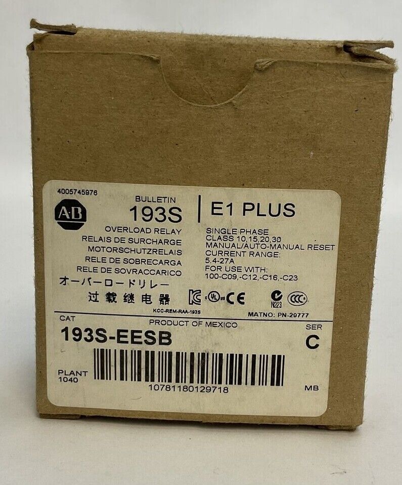 ALLEN BRADLEY 193S-EESB OVERLOAD RELAY SER C 5.4-27A MANUAL/AUTO MANUAL RESET