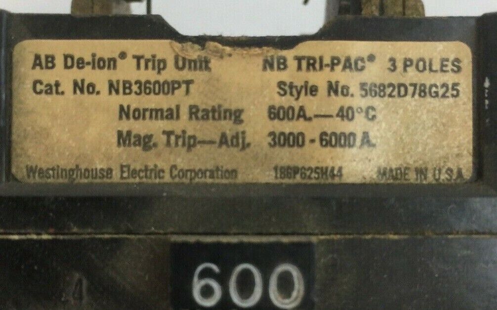 WESTINGHOUSE NB3600PT AB DE-ION TRIP UNIT NB TRI-PAC 3POLE 600AMP