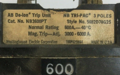 WESTINGHOUSE NB3600PT AB DE-ION TRIP UNIT NB TRI-PAC 3POLE 600AMP